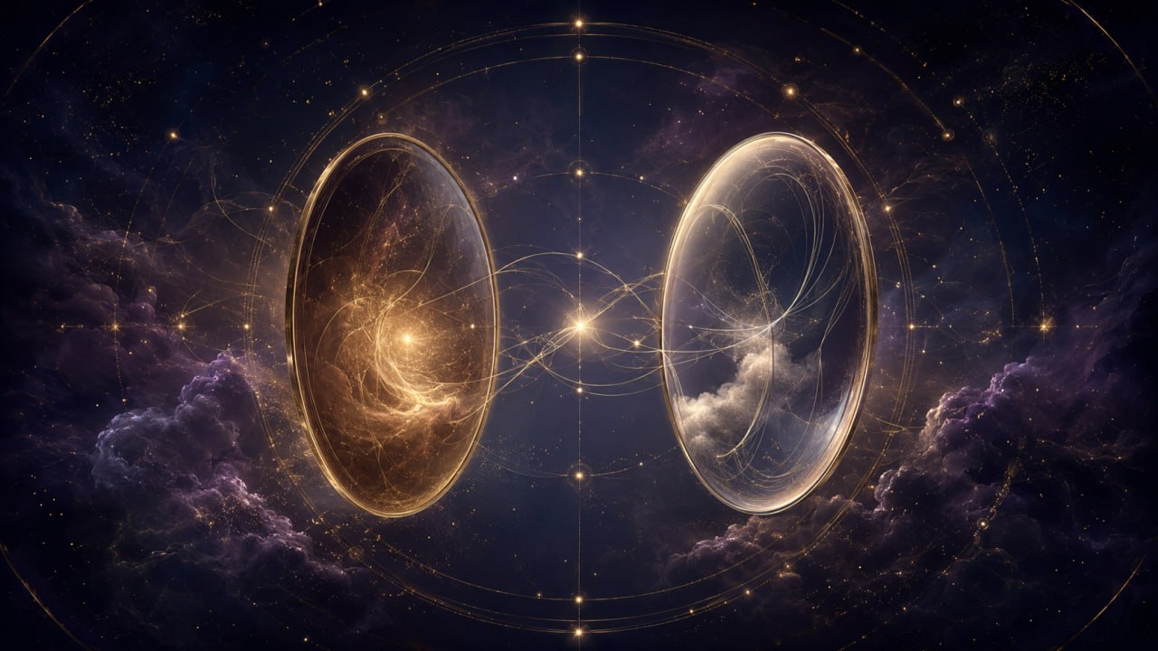 Zwei leuchtende kosmische Spiegel als Symbol für inneres und äußeres Selbstbild im Geburtshoroskop