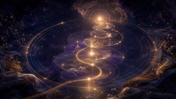 Symbolische kosmische Lebensphasen im Geburtshoroskop mit goldener Lichtspirale und atmosphärischem Sternenraum