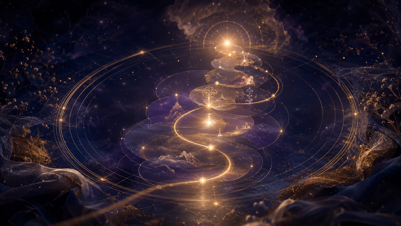 Symbolische kosmische Lebensphasen im Geburtshoroskop mit goldener Lichtspirale und atmosphärischem Sternenraum