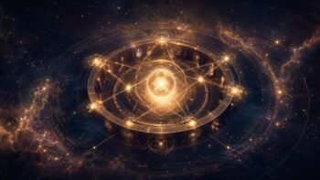 Leuchtender kosmischer Horoskopkreis mit verbundenen Punkten als Symbol für Zeichen Haus und Aspekt in der Deutung