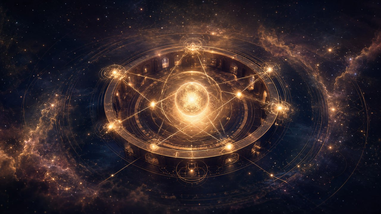 Leuchtender kosmischer Horoskopkreis mit verbundenen Punkten als Symbol für Zeichen Haus und Aspekt in der Deutung