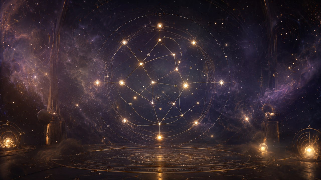 Feine goldene Aspektlinien in einem kosmischen Horoskopkreis als Symbol für kleine Aspekte im Geburtshoroskop