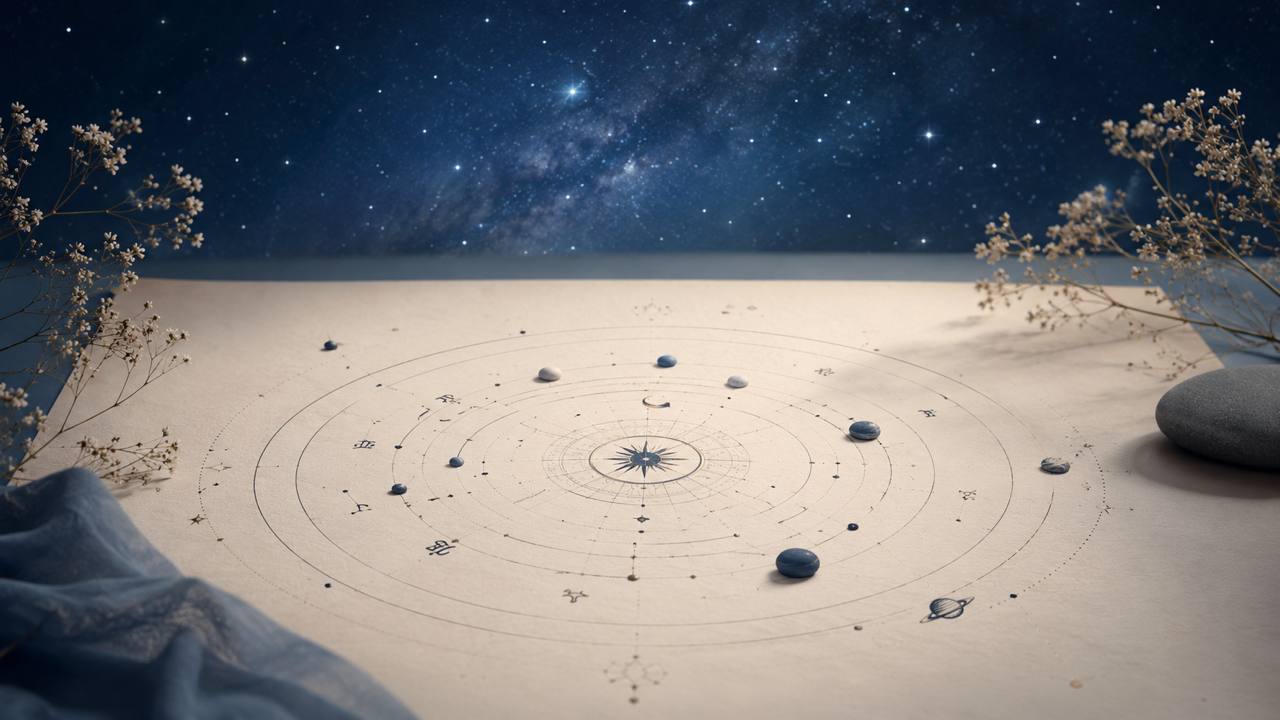 Astro-Wissen von myStarBook: Sternenhimmel über einer gezeichneten Himmelskarte als Titelbild