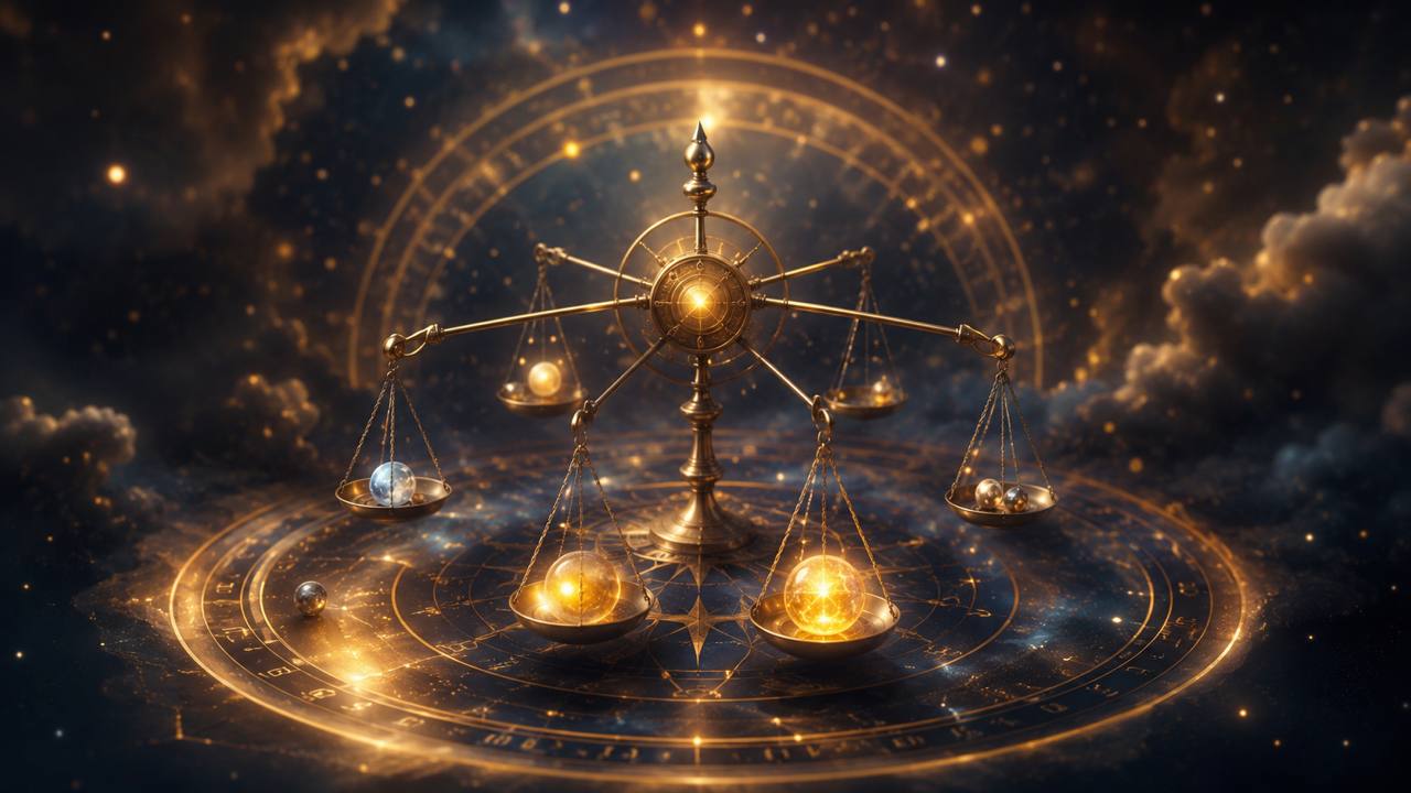 Goldene astrologische Waage auf einer Himmelskarte als Symbol für die Gewichtung im Geburtshoroskop