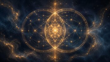 Zwei goldene kosmische Kreise, die sich überschneiden und Aspektfiguren bilden