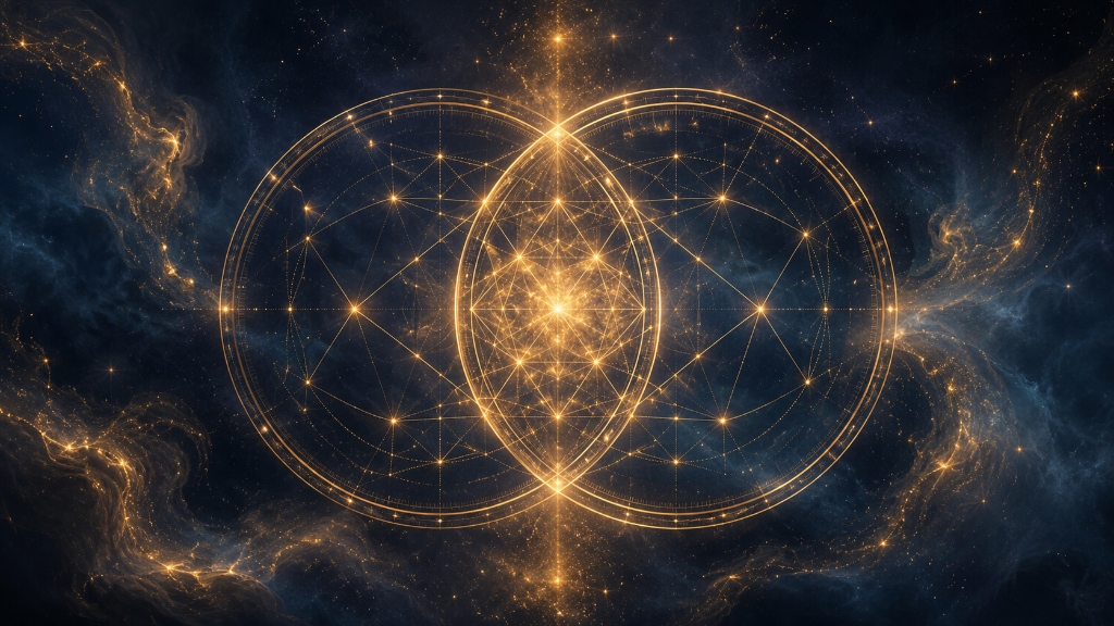 Zwei goldene kosmische Kreise, die sich überschneiden und Aspektfiguren bilden
