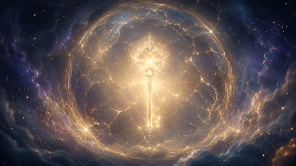 Symbolische Darstellung der Chiron-Rückkehr mit 50 Jahren: Ein leuchtender goldener Schlüssel umgeben von einem kosmischen Kreis für Heilung und Weisheit