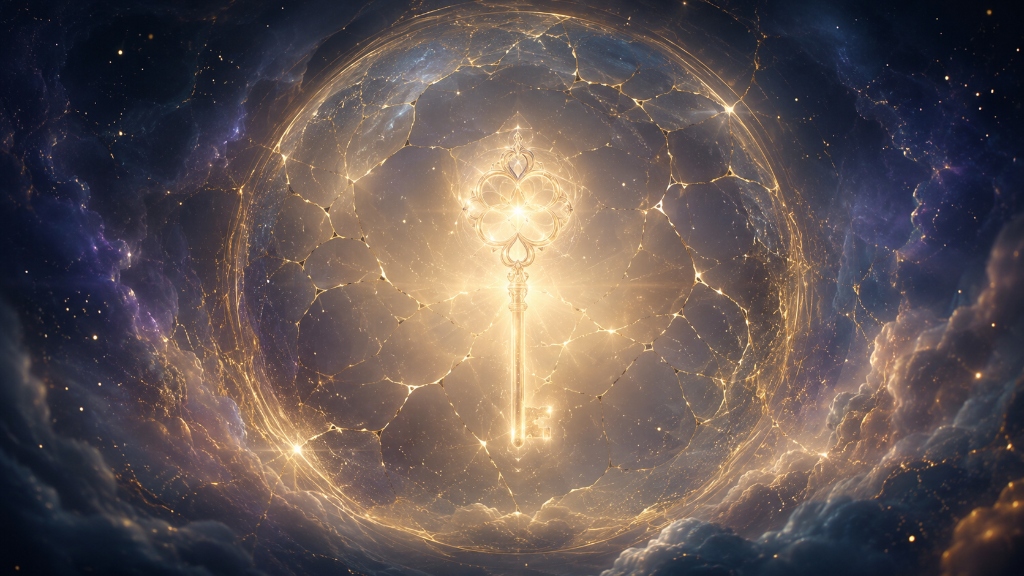 Symbolische Darstellung der Chiron-Rückkehr mit 50 Jahren: Ein leuchtender goldener Schlüssel umgeben von einem kosmischen Kreis für Heilung und Weisheit