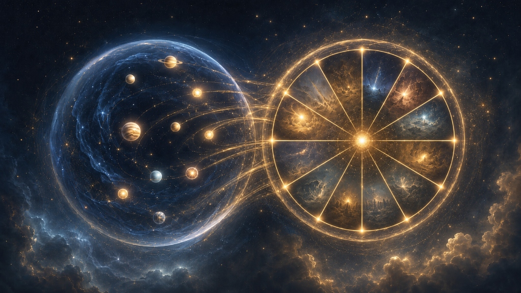 Symbolische Astrologie-Darstellung des Häuser-Overlays in der Synastrie mit Planeten-Sphäre und Horoskop-Häuserrad
