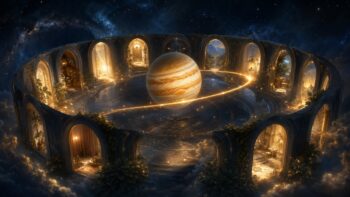 Der Jupiter-Transit durch die Häuser: Der Planet Jupiter inmitten eines erleuchteten Bogengangs der 12 Häuser mit einer strahlenden Goldspur.