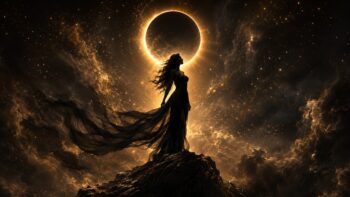 Silhouettenhafte Darstellung einer Frau auf einem Felsen vor einer goldenen Korona um den Schwarzen Mond Lilith