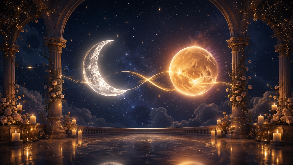 Mond & Venus im 7. Haus: Eine strahlende Mondsichel und eine feurige Venus-Sphäre verbunden durch ein Lichtband in einer romantischen Sternenarchitektur.