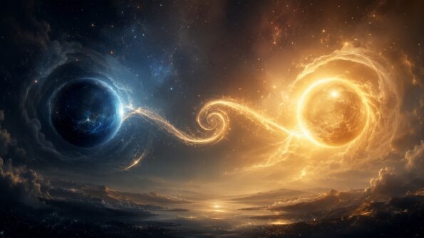 Symbolische Darstellung der Mondknoten-Achse mit zwei gegenüberliegenden kosmischen Sphären der Vergangenheit und Zukunft, verbunden durch ein goldenes Lichtband