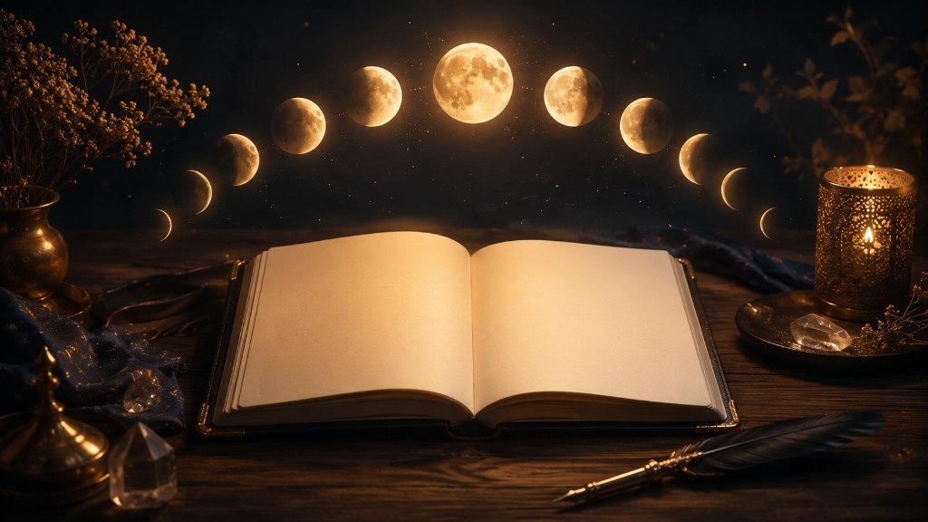 Ein offenes Notizbuch auf einem Holztisch mit schwebenden Mondphasen darueber und einer Schreibfeder daneben