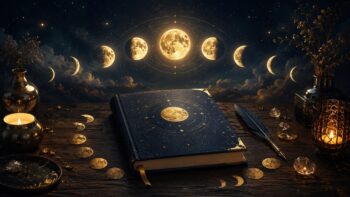 Mondphasen-Journaling: Ein edles Notizbuch auf einem Holztisch umgeben von Kerzenlicht und Mondphasen-Symbolen im Hintergrund.