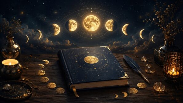 Mondphasen-Journaling: Ein edles Notizbuch auf einem Holztisch umgeben von Kerzenlicht und Mondphasen-Symbolen im Hintergrund.