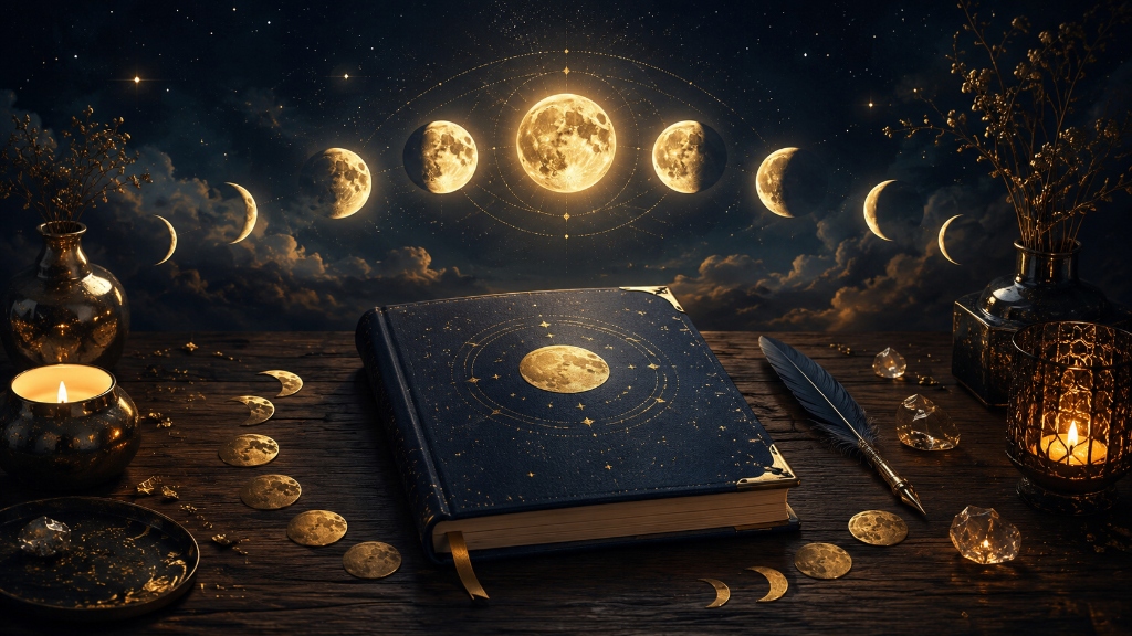 Mondphasen-Journaling: Ein edles Notizbuch auf einem Holztisch umgeben von Kerzenlicht und Mondphasen-Symbolen im Hintergrund.