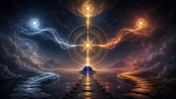 Kosmischer Wegweiser mit leuchtendem Stern und zwei energetischen Pfaden