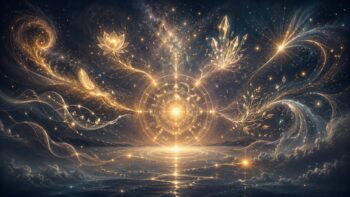 Leuchtende astrologische Symbole und Kristalle am Sternenhimmel