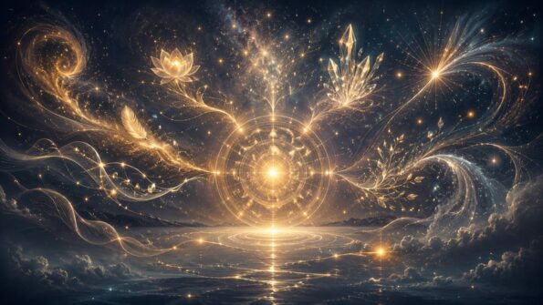 Leuchtende astrologische Symbole und Kristalle am Sternenhimmel