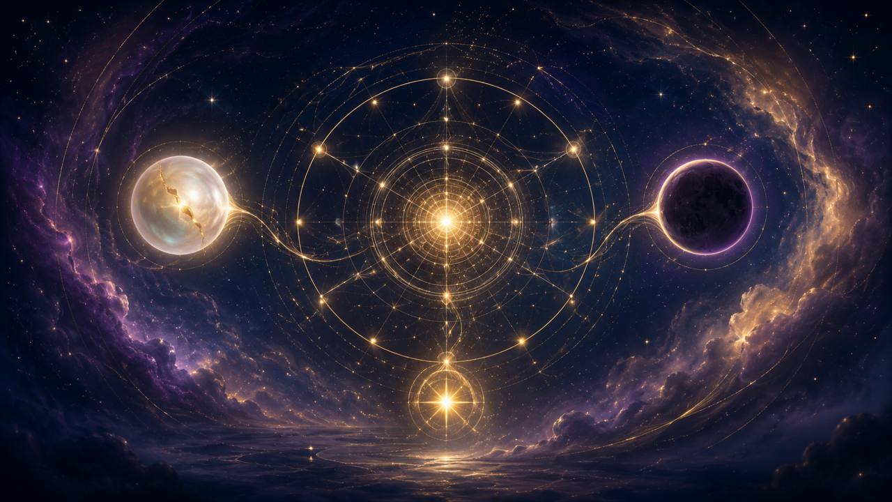 Kosmische Achse mit zwei leuchtenden Himmelskörpern und astrologischem Kreis