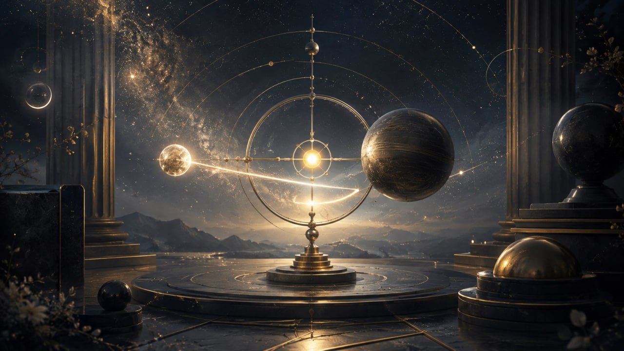 Kosmisches Astrolabium mit Planetenbahnen und Sternenhimmel