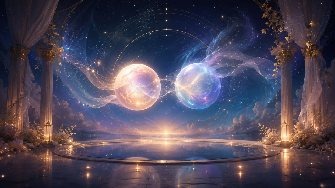 Zwei leuchtende Himmelskörper in kosmischer Verbindung über einem Sternenmeer