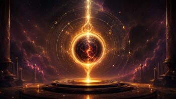 Leuchtende kosmische Kugel mit Planetenbahnen in einem mystischen Sternenraum