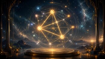 Leuchtendes astrologisches Netzwerk mit goldenen Planetenlinien vor Sternenhimmel