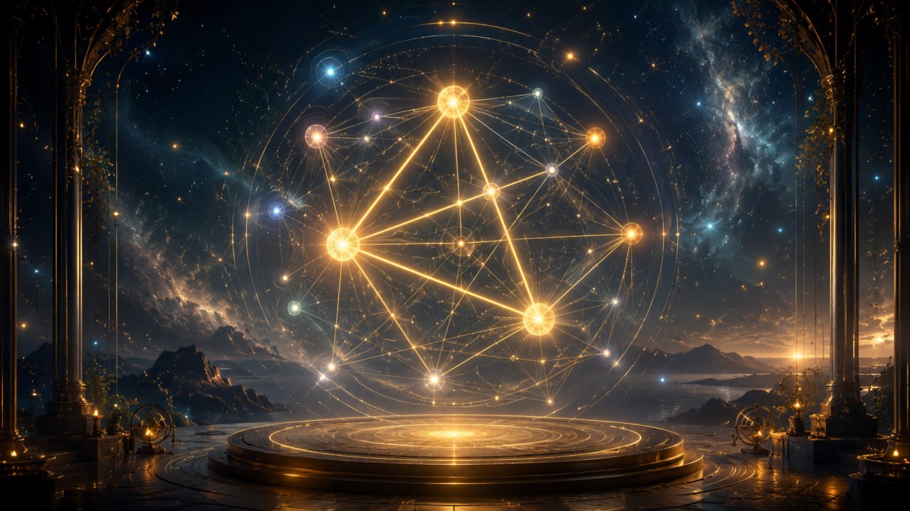 Leuchtendes astrologisches Netzwerk mit goldenen Planetenlinien vor Sternenhimmel