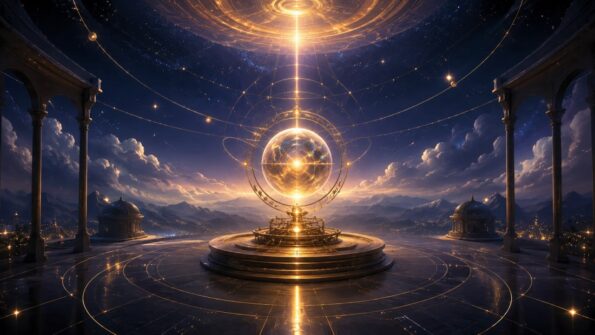Leuchtendes kosmisches Astrolabium mit Planetenbahnen über nächtlicher Landschaft