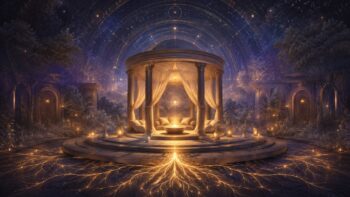 Ruhiger kosmischer Tempel mit Sternenkuppel und leuchtenden Wurzeln