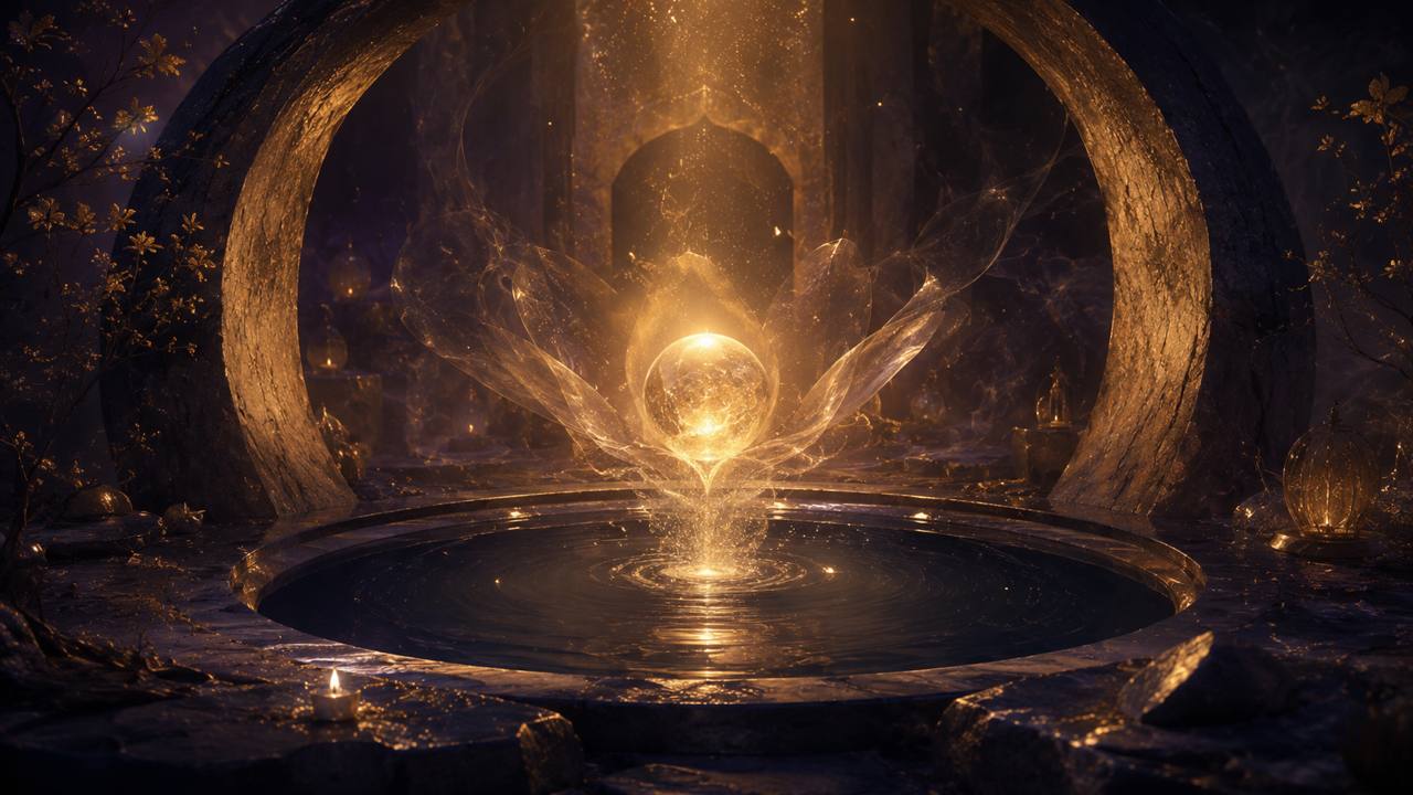 Leuchtende goldene Kristallkugel in einem mystischen kosmischen Ritualraum