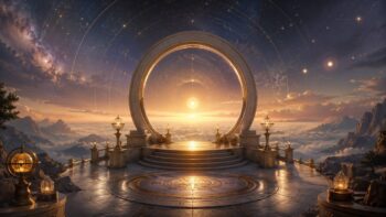 Goldenes kosmisches Portal mit Sonnenaufgang und astrologischen Linien über Wolkenlandschaft