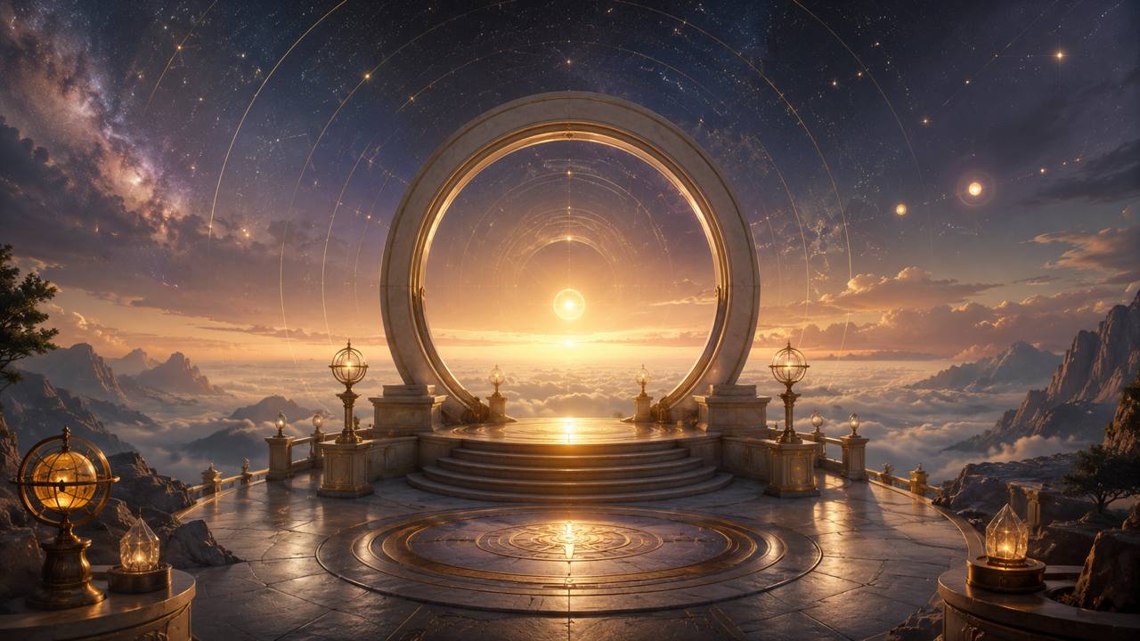 Goldenes kosmisches Portal mit Sonnenaufgang und astrologischen Linien über Wolkenlandschaft