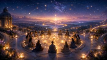 Menschenkreis in einer leuchtenden astrologischen Sternenlandschaft bei Dämmerung