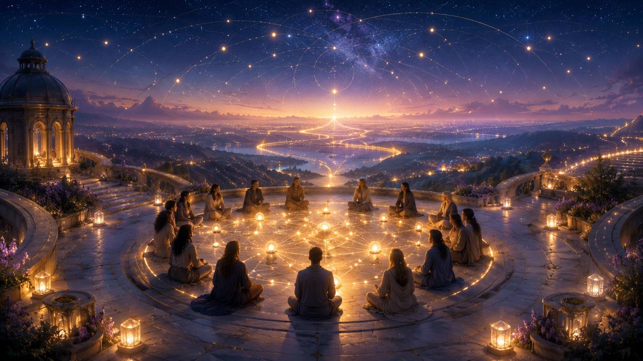 Menschenkreis in einer leuchtenden astrologischen Sternenlandschaft bei Dämmerung