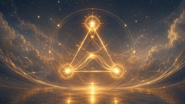 Leuchtendes goldenes Dreieck und astrologische Aspekte vor einem mystischen Sternenhimmel