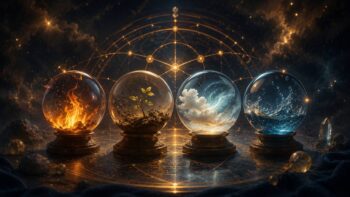Vier leuchtende Kugeln mit Feuer, Erde, Luft und Wasser als Symbol für die Elementebalance im Geburtshoroskop