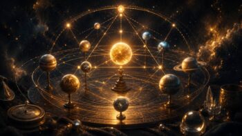 Leuchtendes Planetarium mit verbundenen Planetenlinien als Symbol für dominante Planeten im Geburtshoroskop