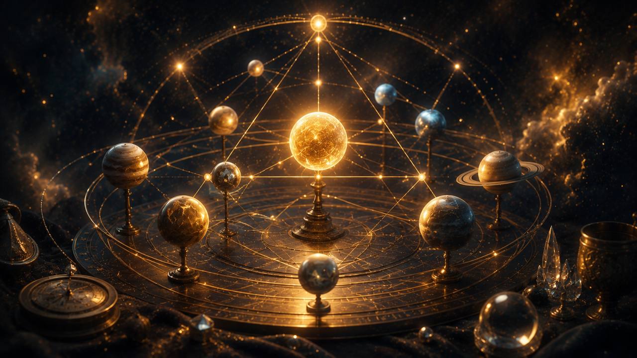 Leuchtendes Planetarium mit verbundenen Planetenlinien als Symbol für dominante Planeten im Geburtshoroskop