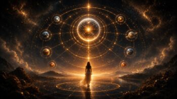 Zentrale Figur unter einem leuchtenden Planetensystem als Symbol für den Aszendentenherrscher im Geburtshoroskop