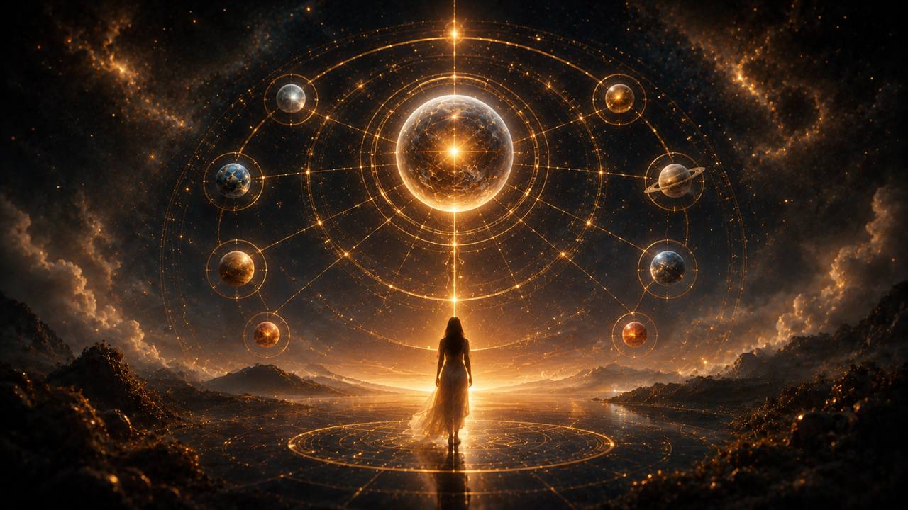 Zentrale Figur unter einem leuchtenden Planetensystem als Symbol für den Aszendentenherrscher im Geburtshoroskop