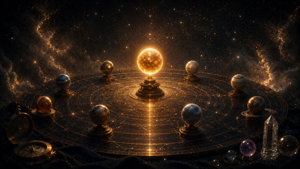 Leuchtender zentraler Planet auf einer kosmischen Astrologie-Karte als Symbol für unaspektierte Planeten im Geburtshoroskop