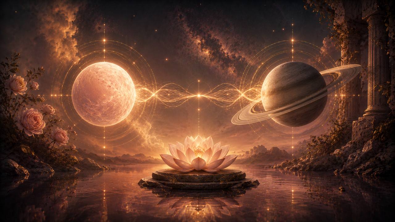 Kosmische Illustration zu mehrfachen Quadraten im Geburtshoroskop mit Venus, Saturn und leuchtender Spannungslinie