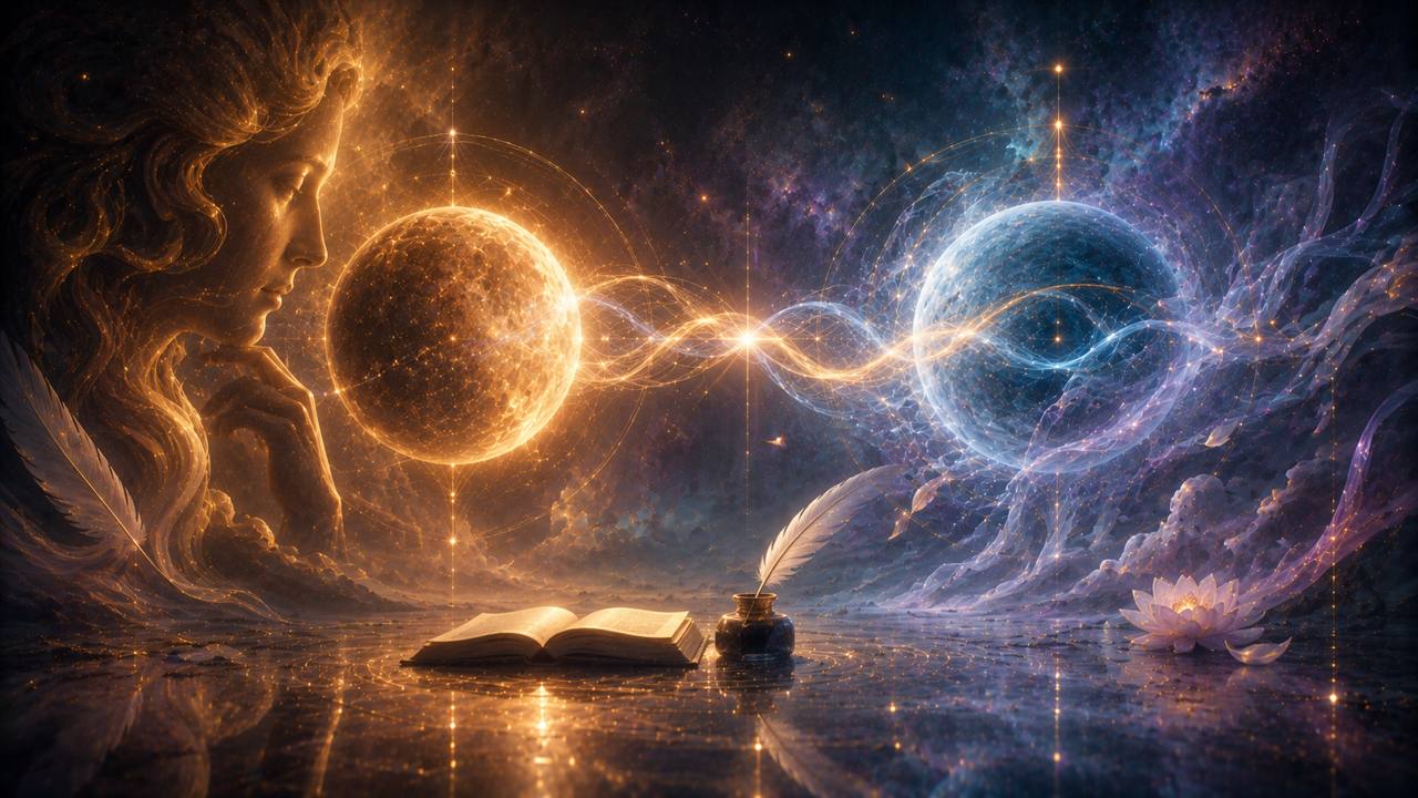 Kosmische Illustration zu Merkur-Neptun-Aspekte im Geburtshoroskop: Intuition, Sprache und feine Wahrnehmung