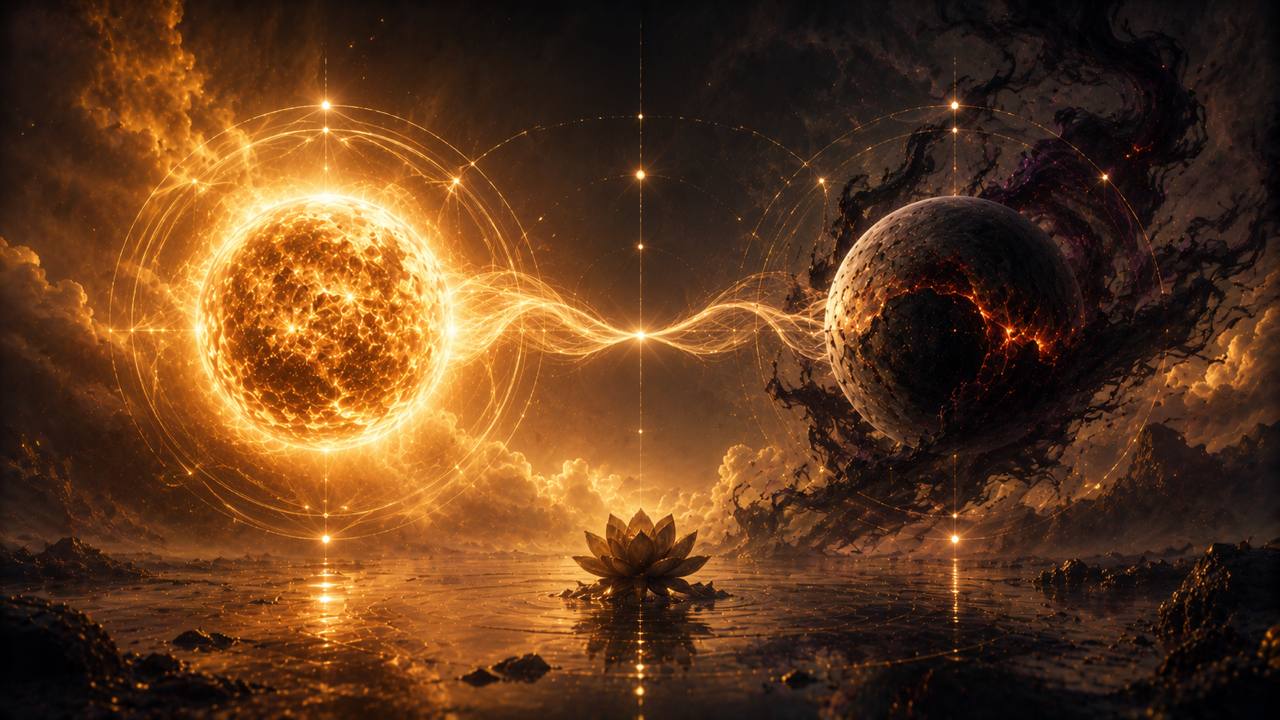 Kosmische Illustration zu Sonne-Pluto-Aspekte im Geburtshoroskop: Identität, Tiefe und Wandlungskraft