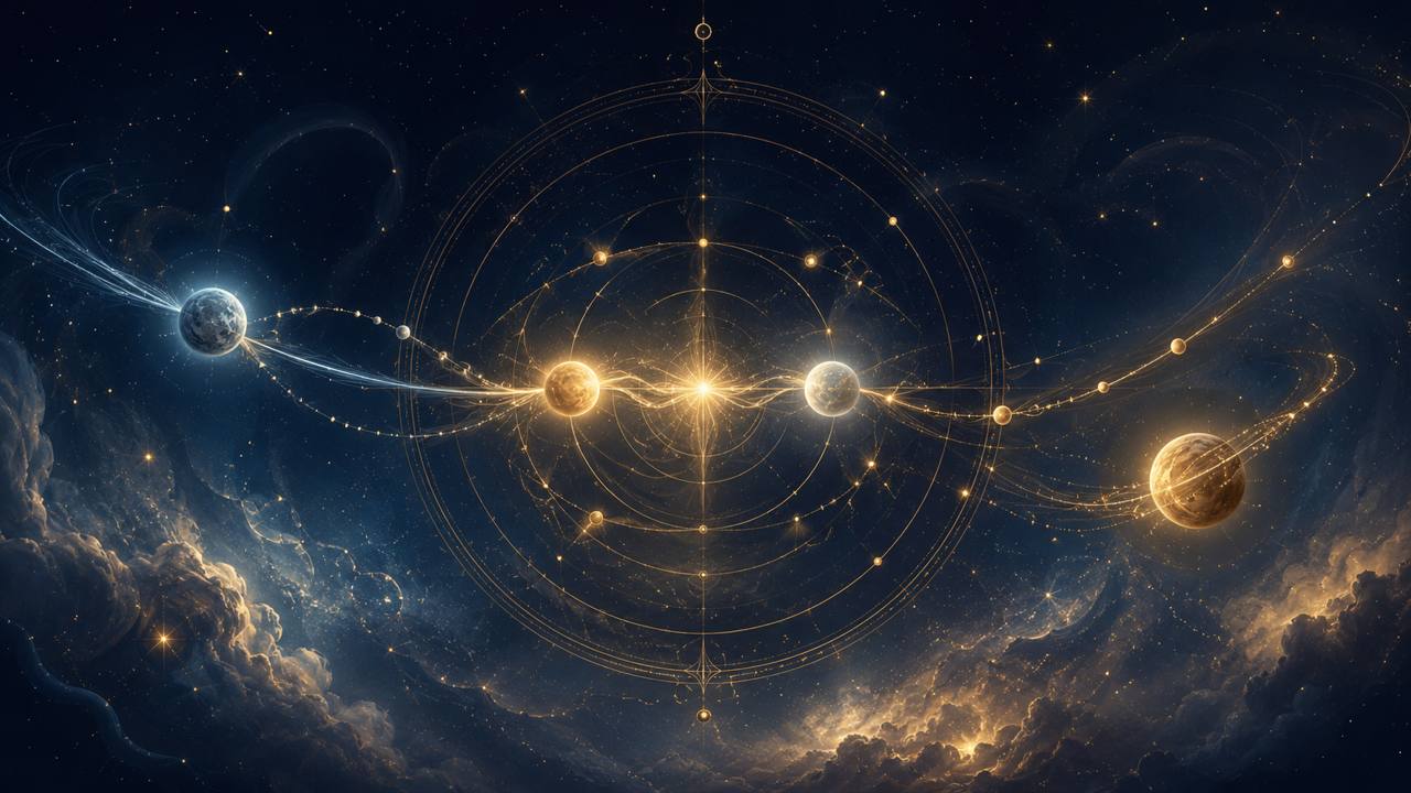 Kosmische Illustration zu Applikative und separative Aspekte: Bewegung im Geburtshoroskop feiner lesen