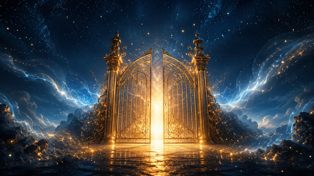 Ein leuchtendes goldenes Tor oeffnet sich vor einem naechtlichen Sternenhimmel und symbolisiert den Aufbruch in die persoenliche Freiheit waehrend der Uranus-Opposition in der Lebensmitte