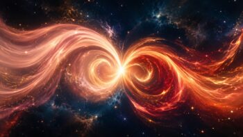 Zwei sanft leuchtende, ineinander verschmelzende Energiewirbel in Rosegold und Rotgold tanzen vor einem naechtlichen Sternenhimmel und symbolisieren die Dynamik von Venus und Mars in der Synastrie